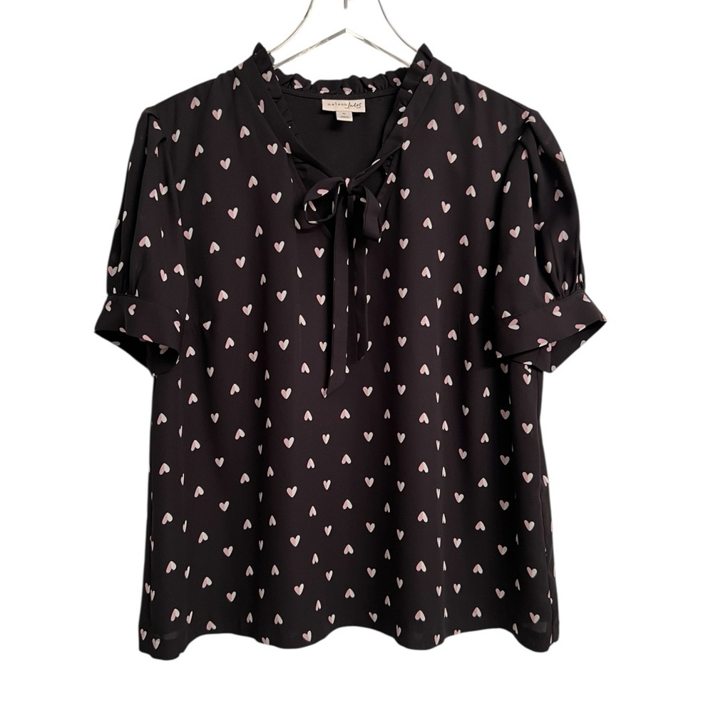 Maison Jules Heart Pattern Short Sleeve Romantic Blouse Top Black Pink Size XL - Picture 2 of 8